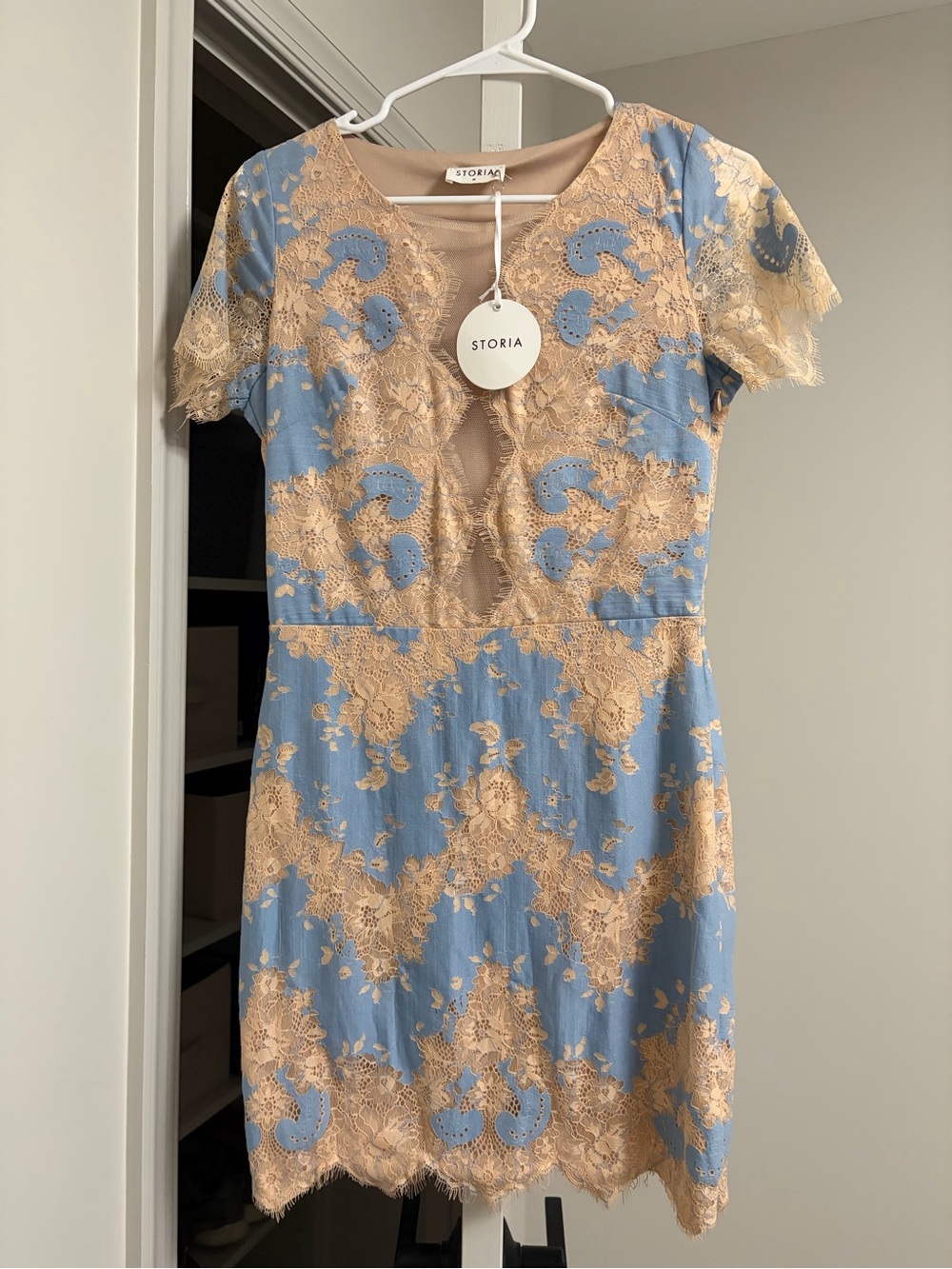 Storia Blue Beige Floral Lace Illusion Mini Dress Size M NWT